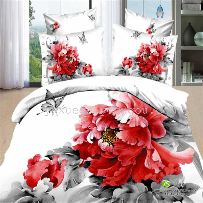 Horse blow four-piece 3D reactive dye printing of cotton four piece Super icing wedding bedding Snow Bird House textiles