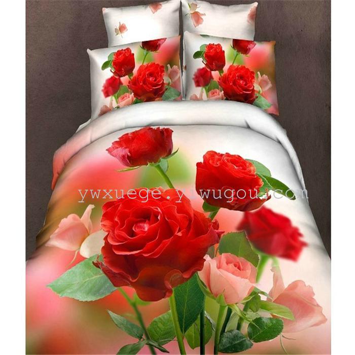 Horse blow four-piece 3D reactive dye printing of cotton four piece Super icing wedding bedding Snow Bird House textiles
