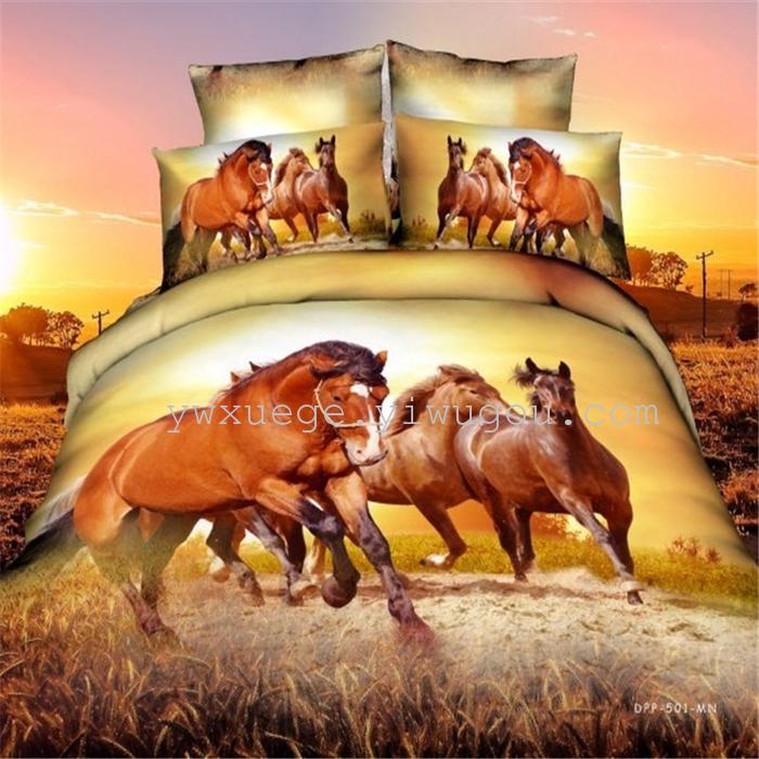 Horse blow four-piece 3D reactive dye printing of cotton four piece Super icing wedding bedding Snow Bird House textiles