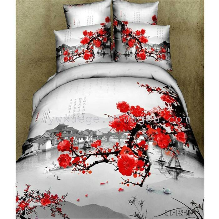 Horse blow four-piece 3D reactive dye printing of cotton four piece Super icing wedding bedding Snow Bird House textiles