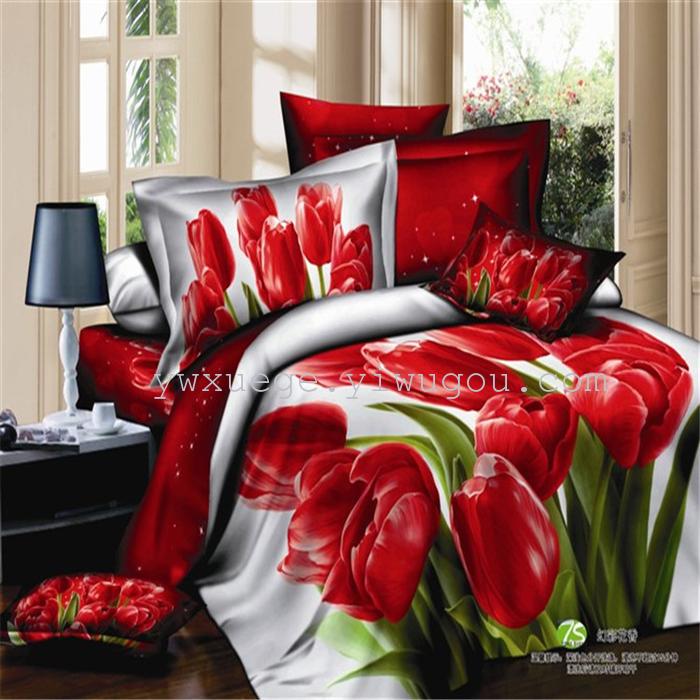 Horse blow four-piece 3D reactive dye printing of cotton four piece Super icing wedding bedding Snow Bird House textiles