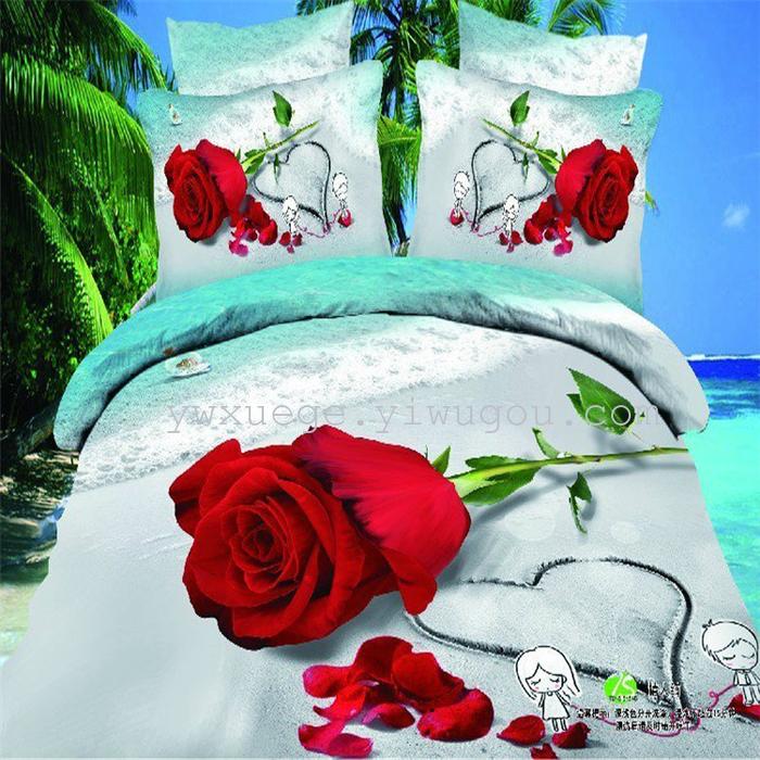 Horse blow four-piece 3D reactive dye printing of cotton four piece Super icing wedding bedding Snow Bird House textiles
