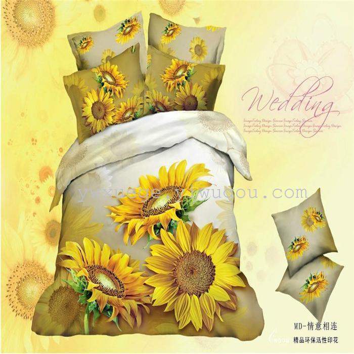 Horse blow four-piece 3D reactive dye printing of cotton four piece Super icing wedding bedding Snow Bird House textiles