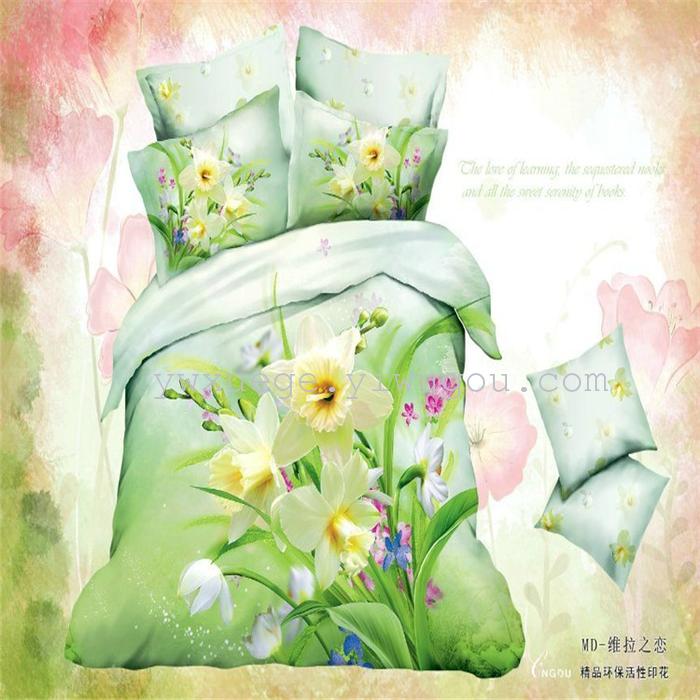 Horse blow four-piece 3D reactive dye printing of cotton four piece Super icing wedding bedding Snow Bird House textiles