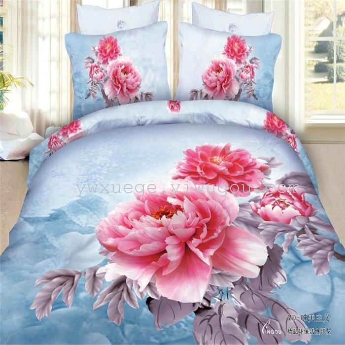 Horse blow four-piece 3D reactive dye printing of cotton four piece Super icing wedding bedding Snow Bird House textiles
