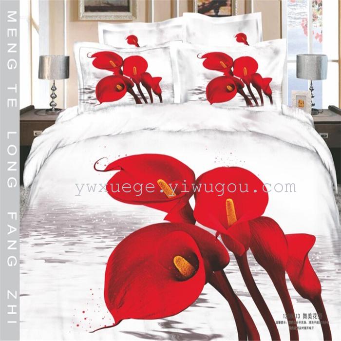 Horse blow four-piece 3D reactive dye printing of cotton four piece Super icing wedding bedding Snow Bird House textiles