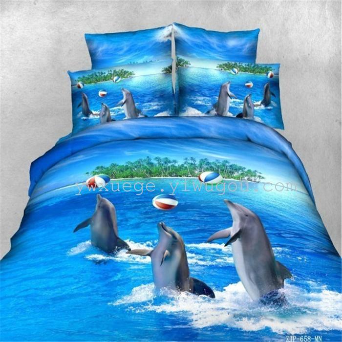 Horse blow four-piece 3D reactive dye printing of cotton four piece Super icing wedding bedding Snow Bird House textiles