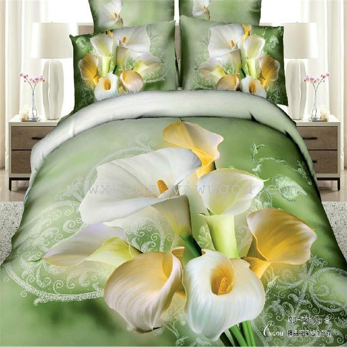 Horse blow four-piece 3D reactive dye printing of cotton four piece Super icing wedding bedding Snow Bird House textiles