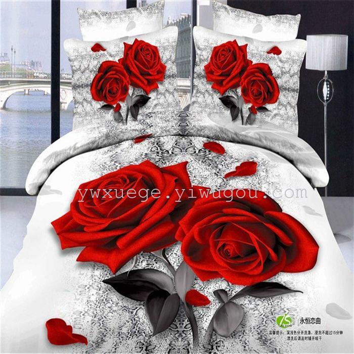 Horse blow four-piece 3D reactive dye printing of cotton four piece Super icing wedding bedding Snow Bird House textiles