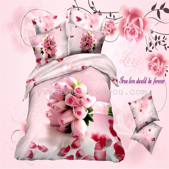 Horse blow four-piece 3D reactive dye printing of cotton four piece Super icing wedding bedding Snow Bird House textiles