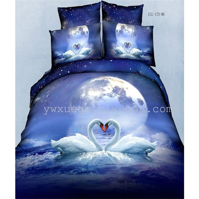 Horse blow four-piece 3D reactive dye printing of cotton four piece Super icing wedding bedding Snow Bird House textiles