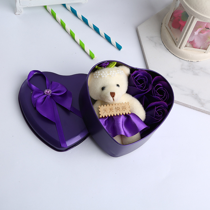 Foreign Trade Wedding Gift Iron Box 3 Flowers Flower with Bear Soap Flower Soap Flower for Family and Friends Customized Wholesale