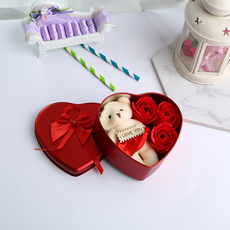 Foreign Trade Wedding Gift Iron Box 3 Flowers Flower with Bear Soap Flower Soap Flower for Family and Friends Customized Wholesale Foreign Trade Wedding Gift Iron Box 3 Flowers Flower with Bear Soap Flower Soap Flower for Family and Friends Customized Wholesale