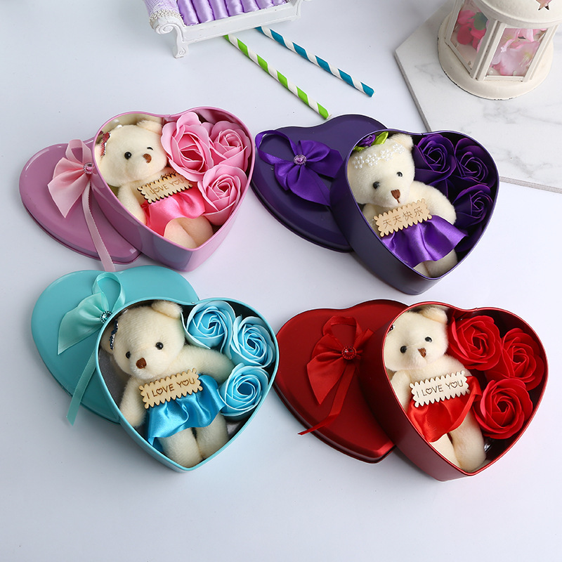 Foreign Trade Wedding Gift Iron Box 3 Flowers Flower with Bear Soap Flower Soap Flower for Family and Friends Customized Wholesale