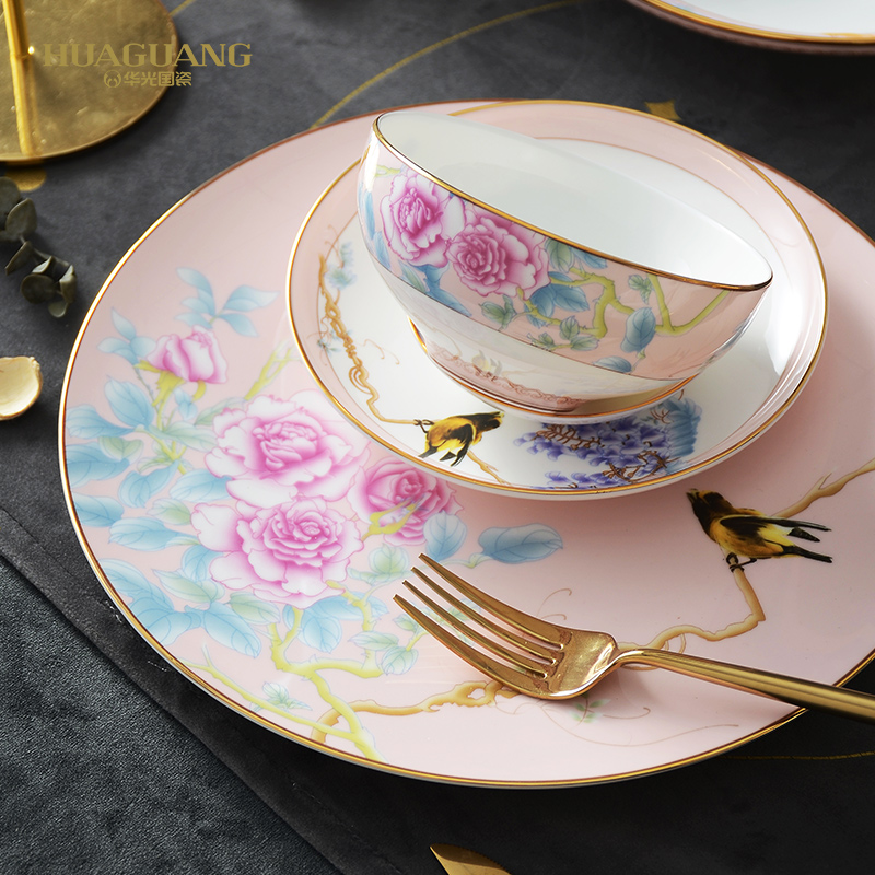 Huaguang Porcelain Bowl and Dish Set Household Bone China Tableware Suit Combination Light Luxury Chinese Wedding Gift Rich Peony