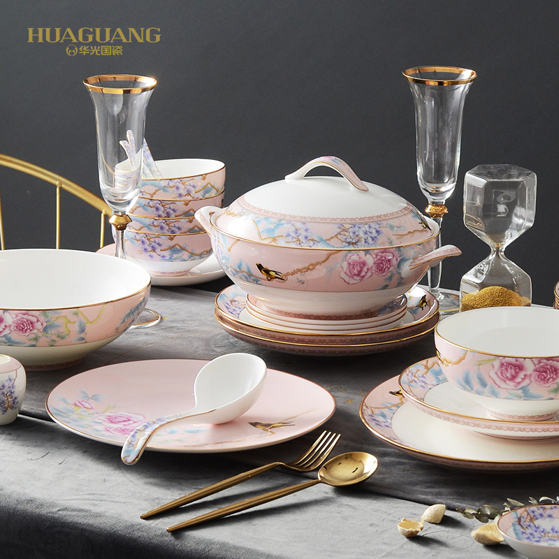 Huaguang Porcelain Bowl and Dish Set Household Bone China Tableware Suit Combination Light Luxury Chinese Wedding Gift Rich Peony