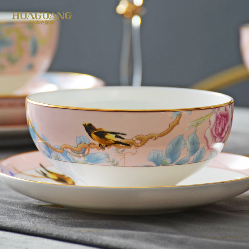Huaguang Porcelain Bowl and Dish Set Household Bone China Tableware Suit Combination Light Luxury Chinese Wedding Gift Rich Peony
