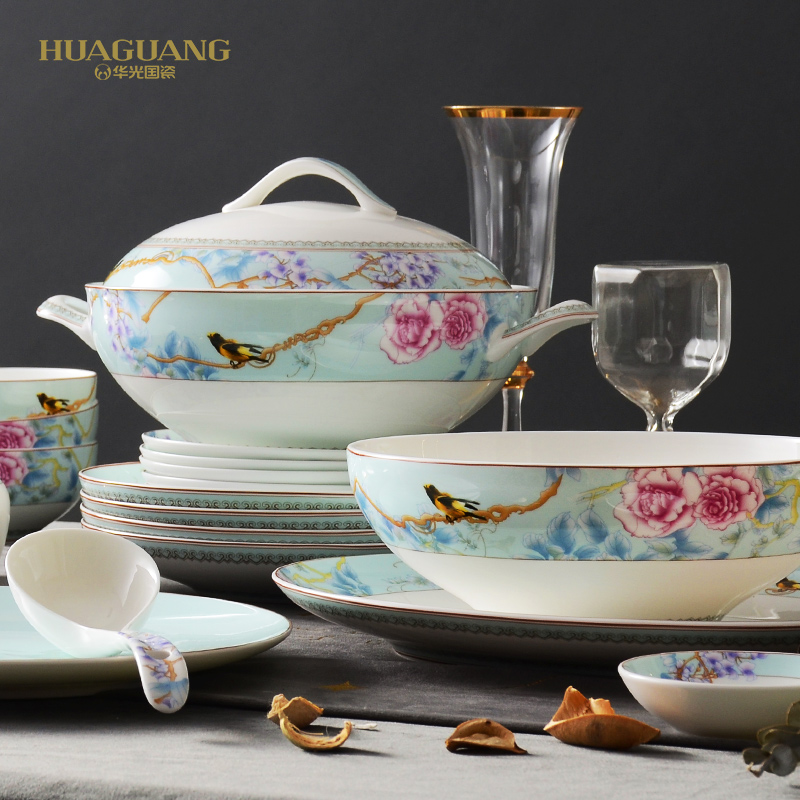 Huaguang Porcelain Bowl and Dish Set Household Bone China Tableware Suit Combination Light Luxury Chinese Wedding Gift Rich Peony