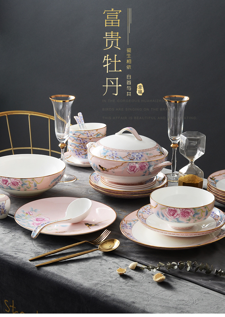 Huaguang Porcelain Bowl and Dish Set Household Bone China Tableware Suit Combination Light Luxury Chinese Wedding Gift Rich Peony Huaguang Porcelain Bowl and Dish Set Household Bone China Tableware Suit Combination Light Luxury Chinese Wedding Gift Rich Peony
