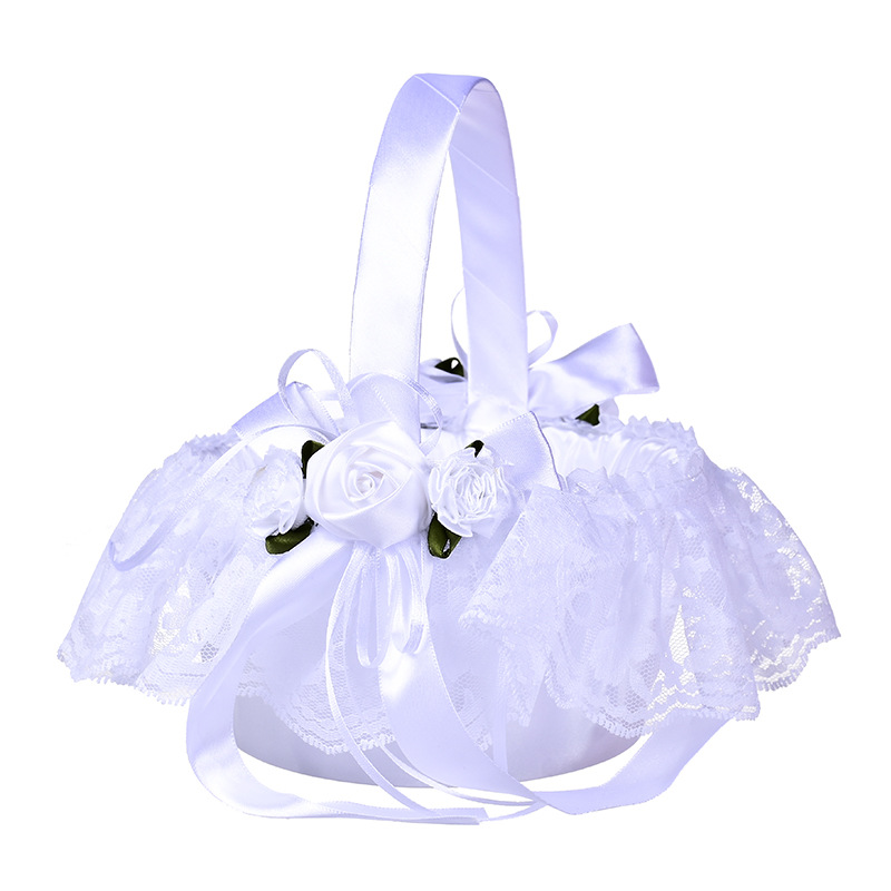 Western-Style Wedding Woven White Flower Basket European and American Wedding Supplies Lace Bride Portable Flower Basket Wholesale
