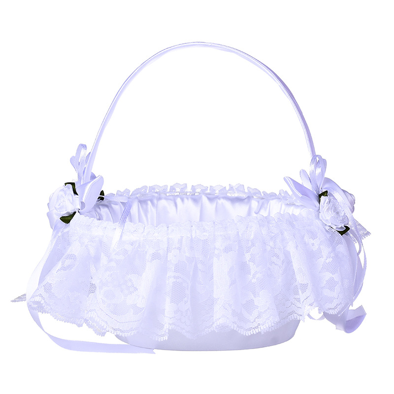 Western-Style Wedding Woven White Flower Basket European and American Wedding Supplies Lace Bride Portable Flower Basket Wholesale