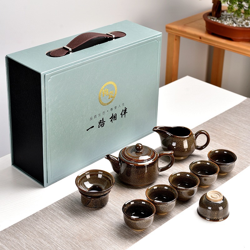 Estate Insurance Business Gift Kiln Baked Jun Porcelain Tea Set Home MidAutumn Festival National Day Gift Printed Logo