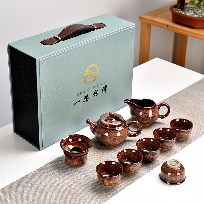 Estate Insurance Business Gift Kiln Baked Jun Porcelain Tea Set Home MidAutumn Festival National Day Gift Printed Logo