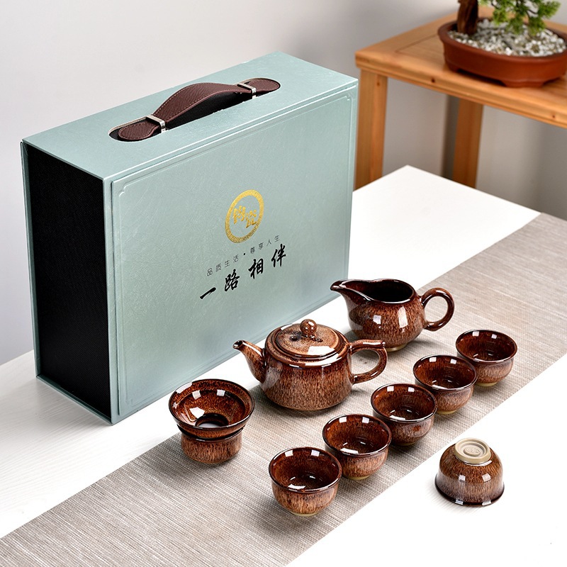 Estate Insurance Business Gift Kiln Baked Jun Porcelain Tea Set Home MidAutumn Festival National Day Gift Printed Logo