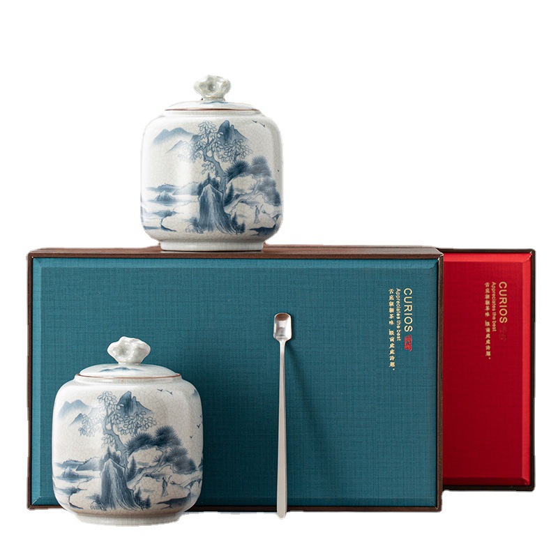 Mid-Autumn Festival New Retro Ceramic Tea Pot Gift Box Box High-End Black Tea Green Black Tea Caddy Logo Can Be Added