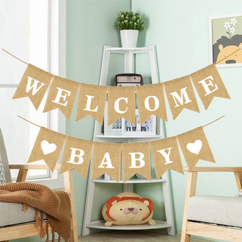 European and American Baby Baby Shower Party Celebration Decoration Garland Banner Welcome Baby Burlap Hanging Flag