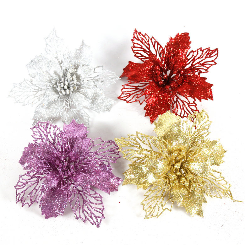 Christmas Decorations Rattan Strip Christmas Tree Decorations Onion Powder Hollow Christmas Flower Poinsettia Multi-Color Can Choose 16cm
