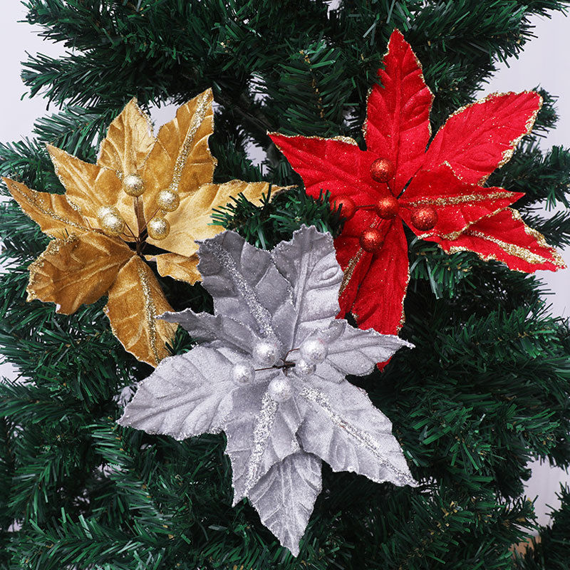 Fabric Decorative Flower Christmas Tree 20cm Gold and Silver Red Onion Pink Christmas Flower Christmas Tree Decorative Pendant Decorative Flower