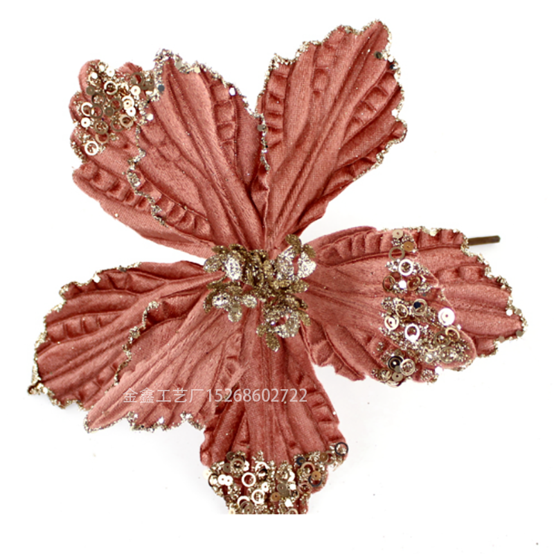Fabric Christmas flower with glitter Sparkling poinsettia flower Artificial Christmas tree decorations Wholesale