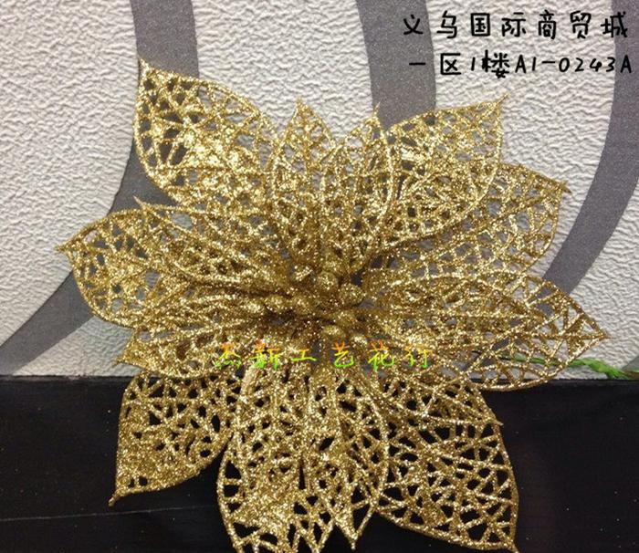 Christmas flower artificial flower plastic fake flowers 13cm Golden openwork sticking gold Christmas tree dress up set pendants