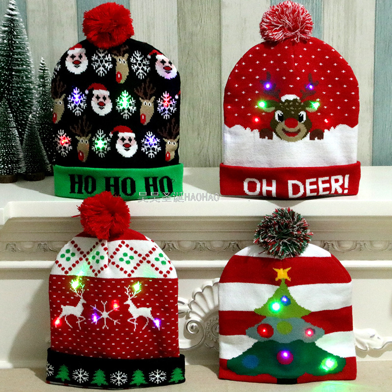Wool Christmas Hat Adult and Children Knitted Christmas Hat Christmas Hat Colorful Luminous Knitted Hat High-End Elderly Christmas Hat