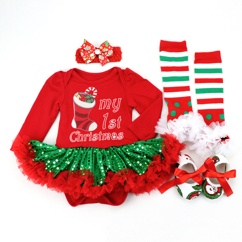 Amazon Christmas Tree Cartoon Newborn Baby Clothes for Babies Dress Four-Piece Set Foot Sock Shoes Head Wear Amazon Christmas Tree Cartoon Newborn Baby Clothes for Babies Dress Four-Piece Set Foot Sock Shoes Head Wear