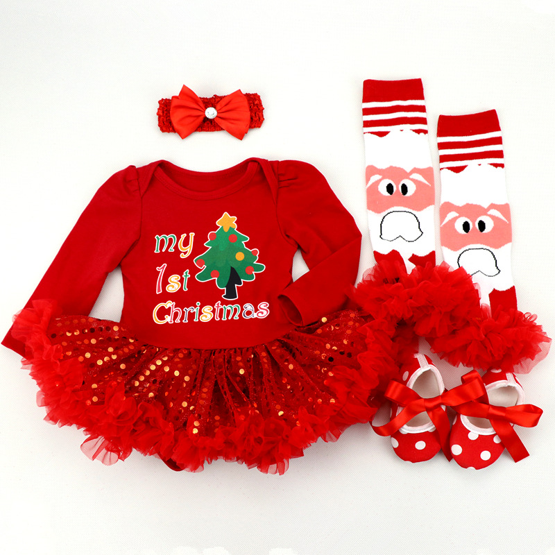 Amazon Christmas Tree Cartoon Newborn Baby Clothes for Babies Dress Four-Piece Set Foot Sock Shoes Head Wear Amazon Christmas Tree Cartoon Newborn Baby Clothes for Babies Dress Four-Piece Set Foot Sock Shoes Head Wear