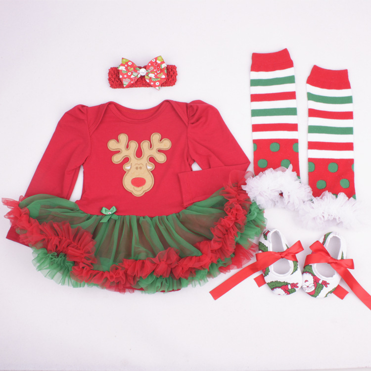 Amazon Christmas Tree Cartoon Newborn Baby Clothes for Babies Dress Four-Piece Set Foot Sock Shoes Head Wear Amazon Christmas Tree Cartoon Newborn Baby Clothes for Babies Dress Four-Piece Set Foot Sock Shoes Head Wear