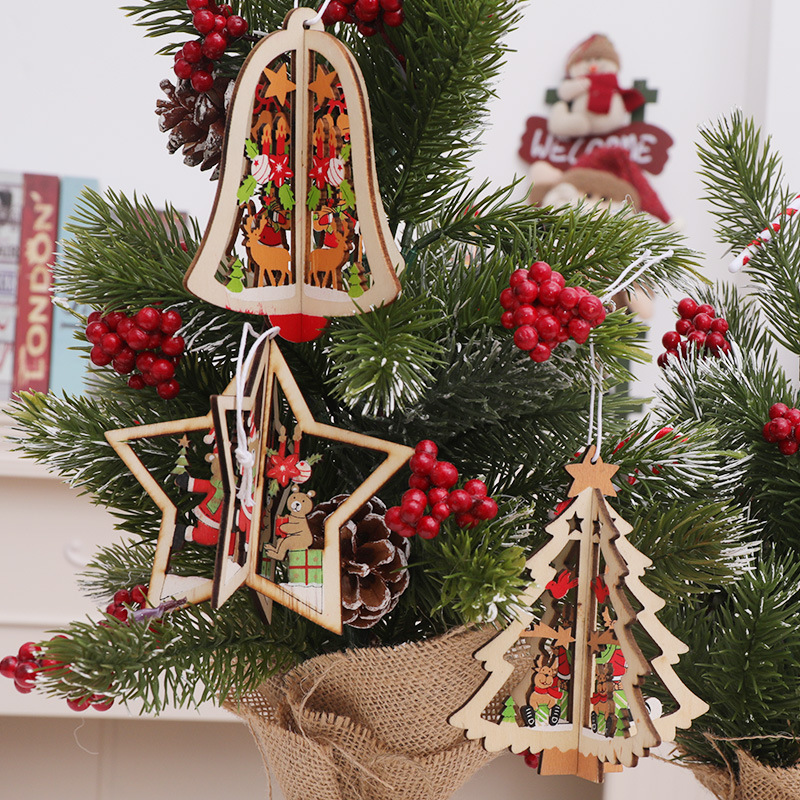 Christmas Tree Pendants Wooden Creative Three-dimensional Christmas Tree Bell Five-Pointed Star Birthday Party Playground Dress-up