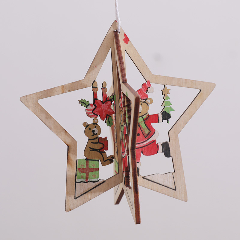 Christmas Tree Pendants Wooden Creative Three-dimensional Christmas Tree Bell Five-Pointed Star Birthday Party Playground Dress-up