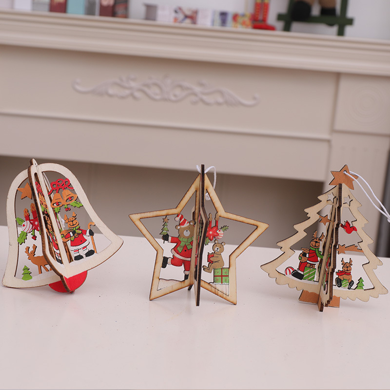 Christmas Tree Pendants Wooden Creative Three-dimensional Christmas Tree Bell Five-Pointed Star Birthday Party Playground Dress-up