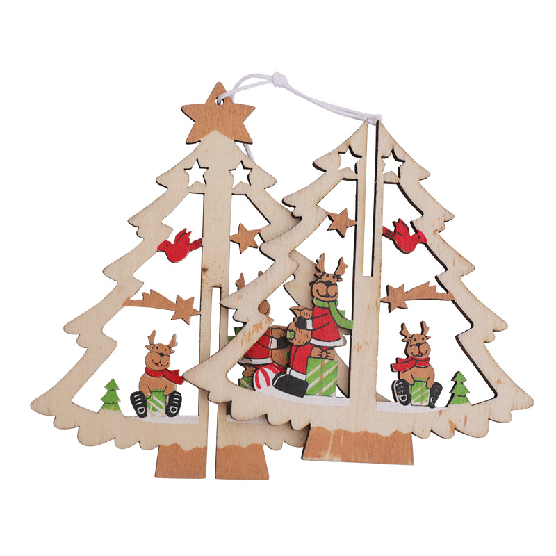 Christmas Tree Pendants Wooden Creative Three-dimensional Christmas Tree Bell Five-Pointed Star Birthday Party Playground Dress-up