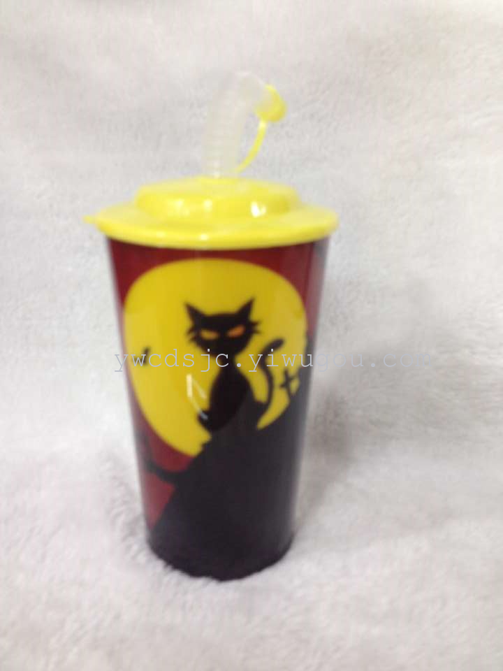 Single layer plastic cup with cover straight cup students drink cup cup Halloween supplies