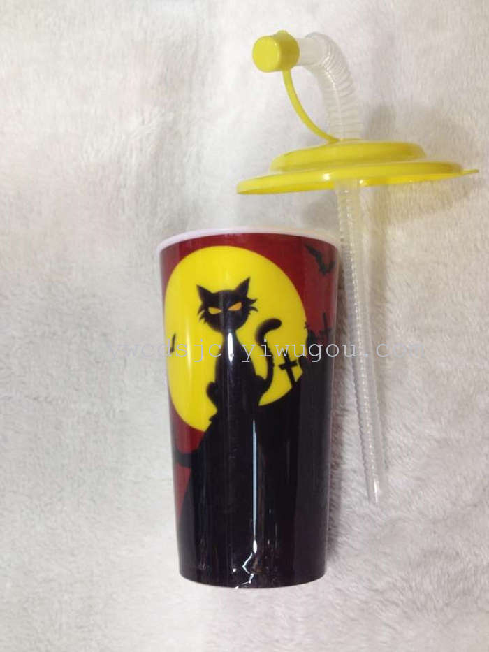 Single layer plastic cup with cover straight cup students drink cup cup Halloween supplies