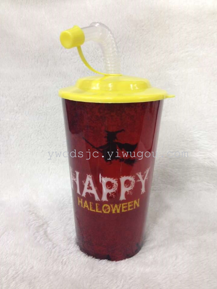 Single layer plastic cup with cover straight cup students drink cup cup Halloween supplies