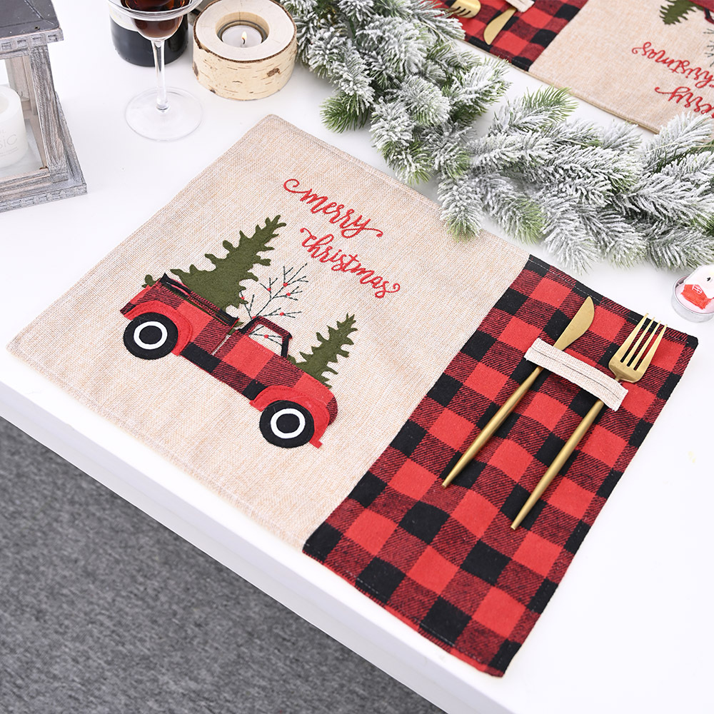 Decorations Red and Black Plaid Car Christmas Placemat Cartoon Table Cloth Table Mat Home Dining Table Dress up