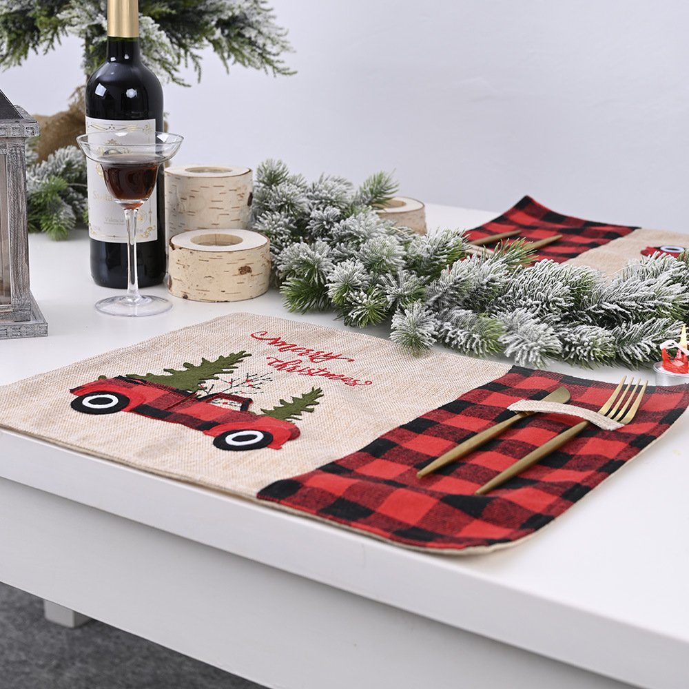 Decorations Red and Black Plaid Car Christmas Placemat Cartoon Table Cloth Table Mat Home Dining Table Dress up