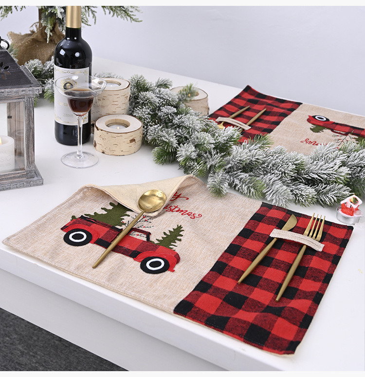 Decorations Red and Black Plaid Car Christmas Placemat Cartoon Table Cloth Table Mat Home Dining Table Dress up