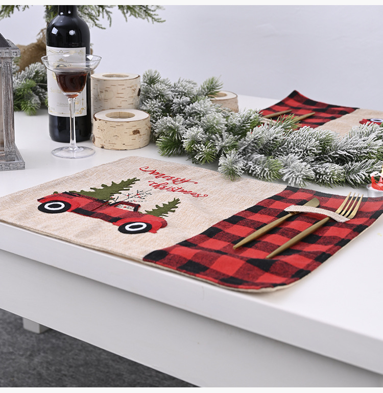 Decorations Red and Black Plaid Car Christmas Placemat Cartoon Table Cloth Table Mat Home Dining Table Dress up
