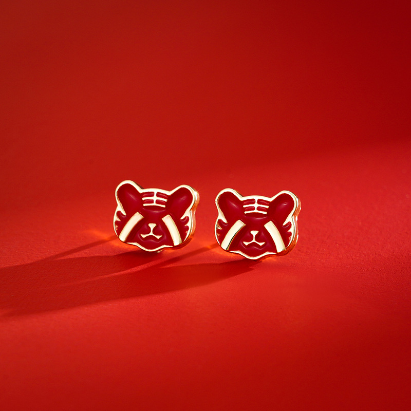 Sweet Rhinestone Little Tiger Earrings Temperament Wholesale Chinese Zodiac Tiger Birth Year Chinese Style Spring Festival New Year Earrings Earrings